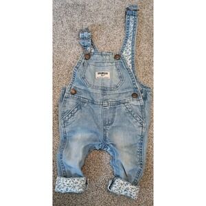 OshKosh B'gosh Baby Denim Overalls 3M Light Wash Floral Lined Bib Infant Cute